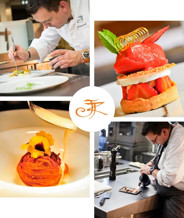 Le chef Jérôme Raymond en cuisine et trois de ses assiettes