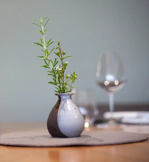 Vase élégant avec plante verte et verre de vin sur table design